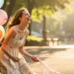 Woman Laughing While Holding Colorful Balloons