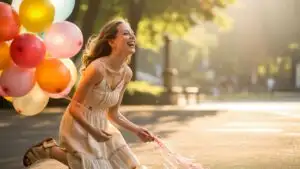 Woman Laughing While Holding Colorful Balloons