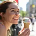 Woman Smiling While Holding an Ice Cream Cone