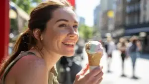 Woman Smiling While Holding an Ice Cream Cone