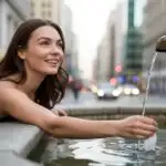 Woman Standing Near Fountain Touching the Water