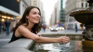 Woman Standing Near Fountain Touching the Water
