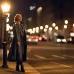 Woman Standing Under Streetlight at Night