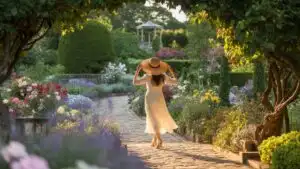 Woman Wearing Hat in Garden Path
