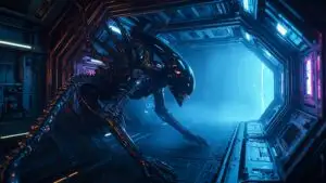 Xenomorph Crawling Through Industrial Metal Corridor