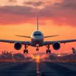 Airplane Landing During Golden Hour