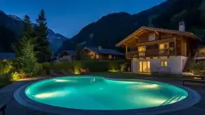 Alpine Chalet Pool at Night