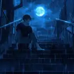 Anime Boy Sitting on Stairs After Rain