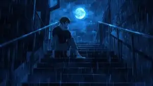 Anime Boy Sitting on Stairs After Rain