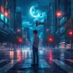 Anime Boy Waiting at Crosswalk Evening Light
