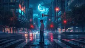 Anime Boy Waiting at Crosswalk Evening Light