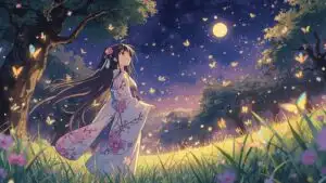 Anime Girl in Kimono Watching Butterflies at Night