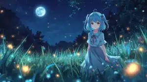 Anime Girl Looking at Fireflies at Night
