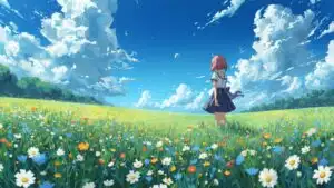 Anime Girl Standing in Flower Field Breeze