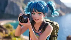 Anime Girl Taking Photos by the Sea