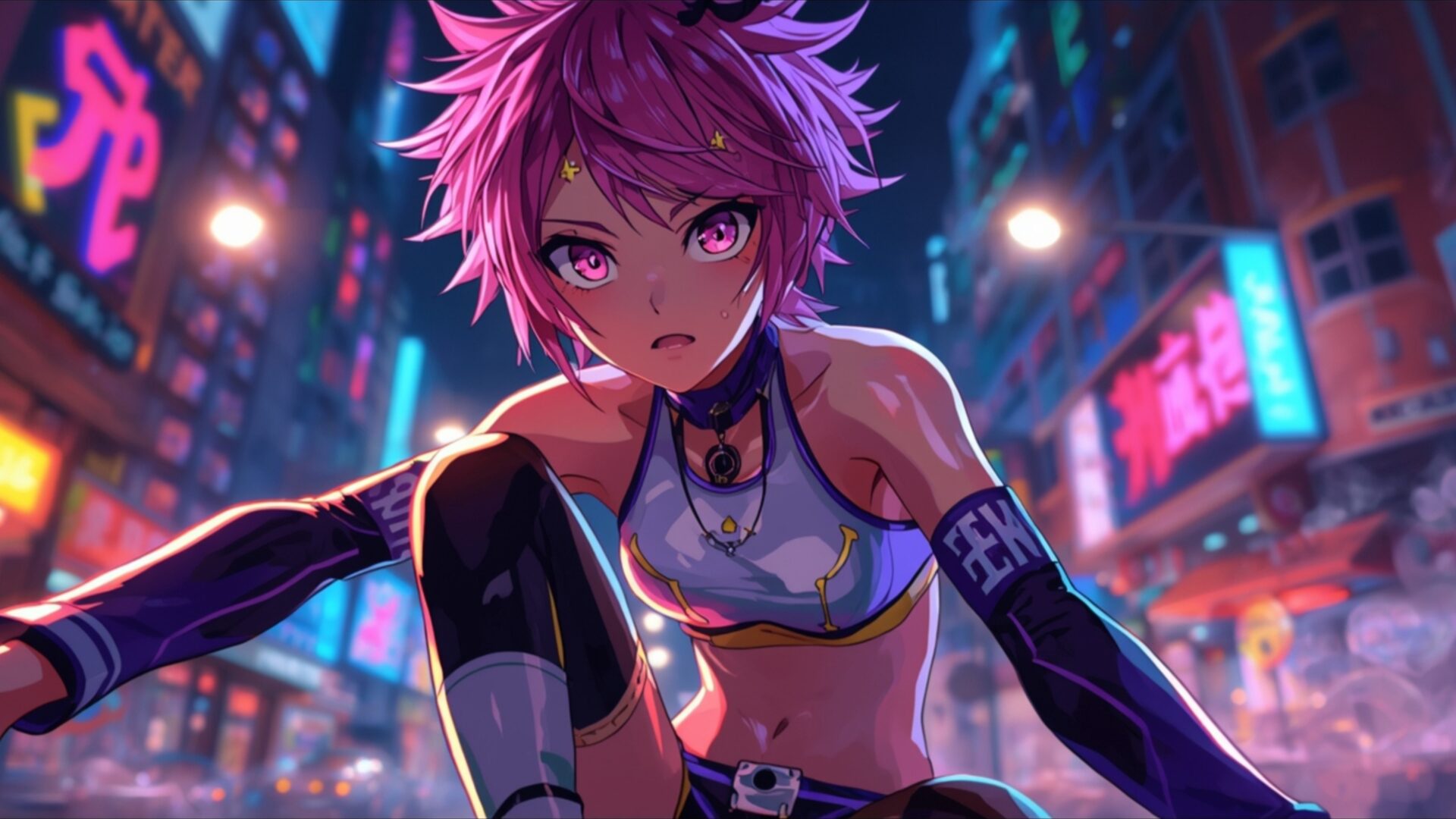 anime girl under neon lights wallpaper, anime, anime aesthetic, anime city scene, anime girl, anime night, anime street lights, cyberpunk aesthetic, cyberpunk anime girl, desktop, mobile, background