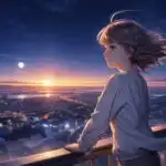 Anime Girl Watching City Lights at Sunset