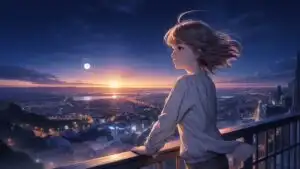 Anime Girl Watching City Lights at Sunset