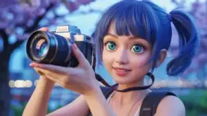 Anime Girl with Camera Looking at the Lens