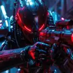 Apex Hunter Bot Aiming Weapon in Neon Cyber Corridor