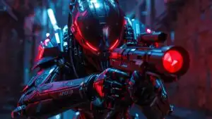 Apex Hunter Bot Aiming Weapon in Neon Cyber Corridor