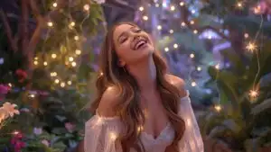 Ariana Grande Laughing in a Garden Full of Lights