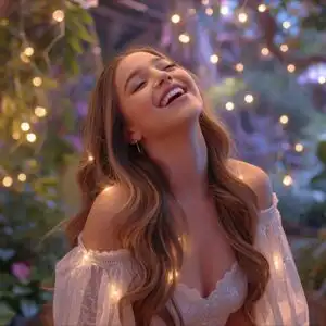 Ariana Grande Laughing in a Garden Full of Lights