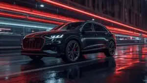 Audi RS Q8 Black Performance SUV in Neon City Night