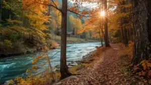 Autumn Forest Path Sunlight Streaming