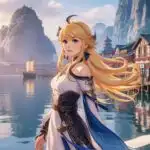 Blonde Anime Girl Overlooking Ancient Harbor City
