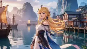 Blonde Anime Girl Overlooking Ancient Harbor City