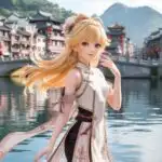 Blonde Anime Girl Standing by Traditional Canal Town
