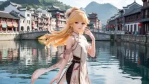 Blonde Anime Girl Standing by Traditional Canal Town