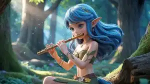 Blue Hair Elf Anime Girl Playing Music