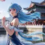 Blue Haired Anime Girl by Traditional Temple in Spring