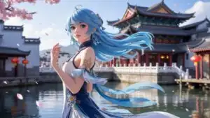 Blue Haired Anime Girl by Traditional Temple in Spring