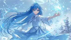 Blue Haired Anime Girl Surrounded by Crystal Ice Magic