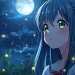 Blue Haired Anime Girl Under Moonlit Fireflies