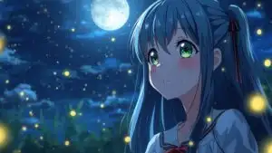 Blue Haired Anime Girl Under Moonlit Fireflies