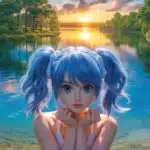 Blue Haired Manga Girl Looking at the Camera by the Lake