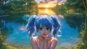 Blue Haired Manga Girl Looking at the Camera by the Lake