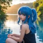 Blue Haired Manga Girl Sitting by a Quiet Lake at Sunset