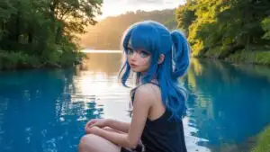 Blue Haired Manga Girl Sitting by a Quiet Lake at Sunset