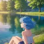 Blue Haired Manga Girl Sitting by the Lake