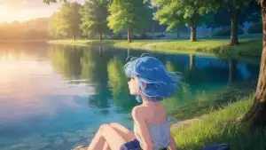 Blue Haired Manga Girl Sitting by the Lake
