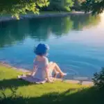 Blue Haired Manga Girl Watching the Lake