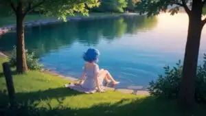 Blue Haired Manga Girl Watching the Lake