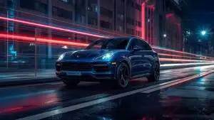 Blue Porsche Cayenne Luxury SUV in Neon City Night