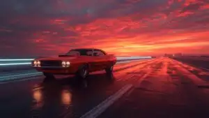 Classic Muscle Car Orange Sunset