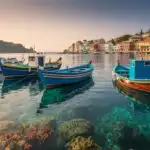 Coastal Town Fishing Boats Harbor View